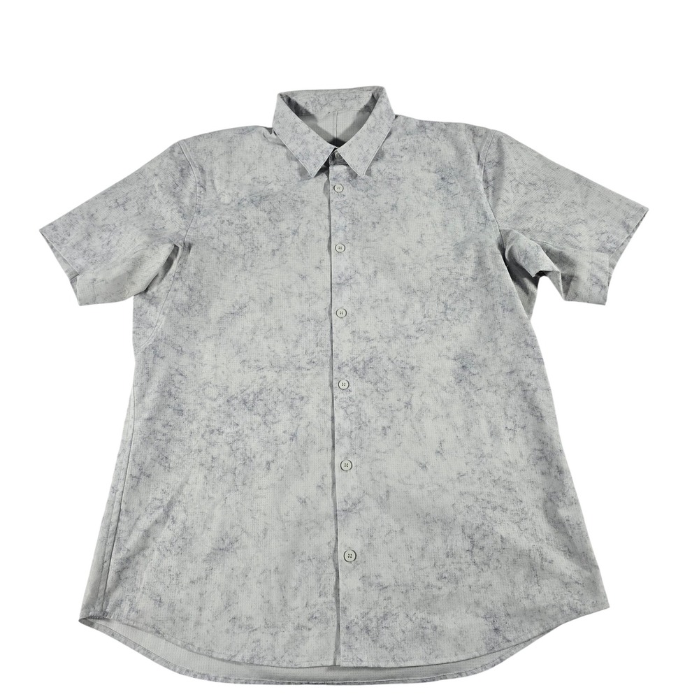 Lululemon Evolution Short Sleeve Button Down Shirt Grey Marble Print Mens